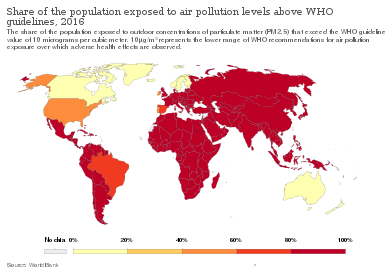 The share of the population exposed to air pollution levels above WHO guidelines, 2016 Share of the population exposed to air pollution levels above WHO guidelines, OWID.svg
