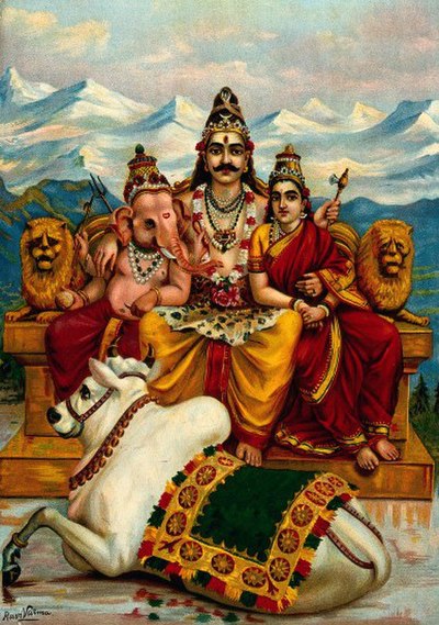 Shiva (middle) is the supreme being of Shaivism, accompanied by his son Ganesha (left) and consort Parvati (right). Painting by Raja Ravi Varma.