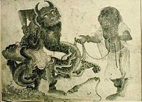 Two Demons Binding a Captured Dragon