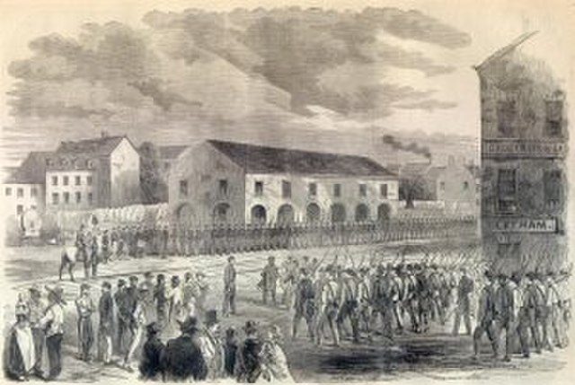 Confederate Militia mustering in Winchester, Virginia Harper's Weekly, 1861.