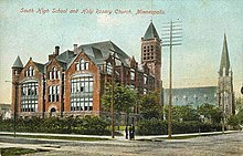 Postcard featuring South High School in 1900 South High School and Holy Rosary Church, Minneapolis.jpg