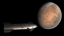 A spacecraft floating besides Mars