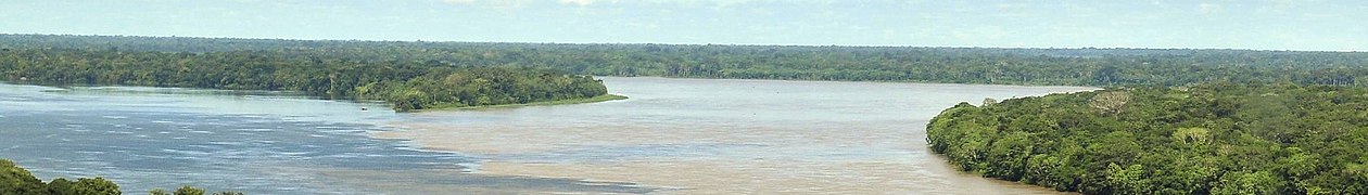 Vue panoramique vers l'amont, le 19 avril 2011, de la « Rencontre des Eaux » et de la "naissance" de l'Amazone brésilienne. À l'évidence, ici, le rio Negro s'avance vers nous venant de la gauche (il est en effet un affluent de rive gauche), et le Solimões de la droite.