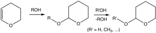 Protection of an alcohol as THP ether followed by its deprotection. Both steps require acid catalysts. THPmeth.png