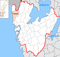 Община Танум на картата на лен Вестра Йоталанд, Швеция
