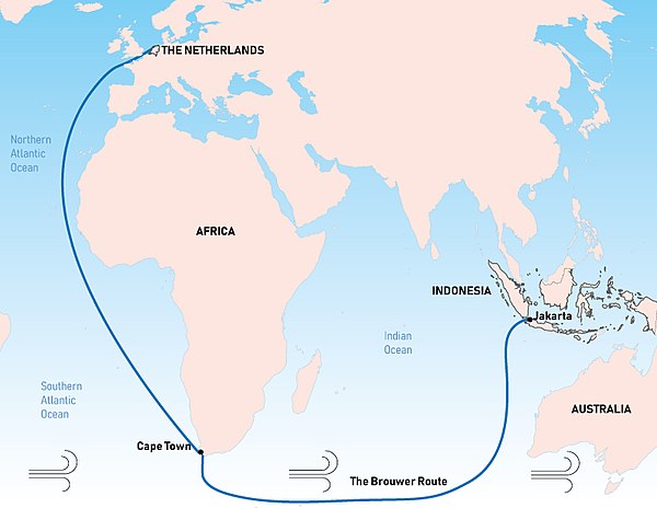 In the Age of Sail, the Brouwer Route reduced the time of a voyage from The Netherlands to the Dutch East Indies from almost 12 months to about six mo