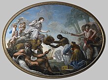 "The East offering its riches to Britannia", painted by Spiridione Roma for the boardroom of the British East India Company The East offering its riches to Britannia - Roma Spiridone, 1778 - BL Foster 245.jpg
