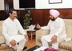 The IOC member, Shri Randhir Singh meeting the Minister of State (Independent Charge) for Youth Affairs & Sports, Shri Jitendra Singh, in New Delhi on April 17, 2013.jpg