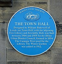 Blue plaque erected by Ilkley Civic Society and unveiled by Alan Titchmarsh in 2004 The Town Hall, Plaque (geograph 2074147).jpg