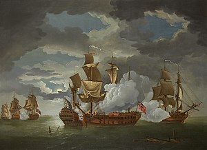 De actie tussen de Serapis, capt.  Pearson, de gravin van Scarborough, en het squadron van Paul Jones.  R.Paton - K325.jpg