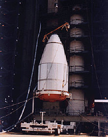 A nose cone that contained one of the Voyager spacecraft, mounted on top of a Titan III/Centaur launch vehicle. Titan3 centaur nose cone.jpg
