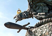 Statue of the Turul with the Holy Crown, on Ko Hill, in Banhida, Tatabanya. The Turul is a divine bird in old Hungarian religion and shamanism, and has become one of the main symbols of contemporary Hungarian national identity. Several statues representing it have been built across Hungary, especially after 2010. Turul - Banhida (Tatabanya) - 7.jpg