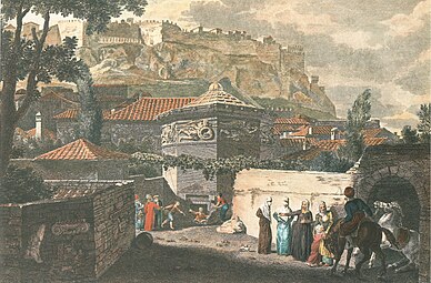 General view of the tower, from Stuart & Revett's The Antiquities of Athens, illustration drawn in 1751, with added hand-colouring