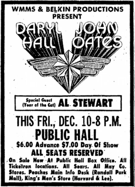 Print advertisement in The Plain Dealer for Hall & Oates performance at Cleveland Public Hall on December 10, 1976, sponsored by Belkin Productions an