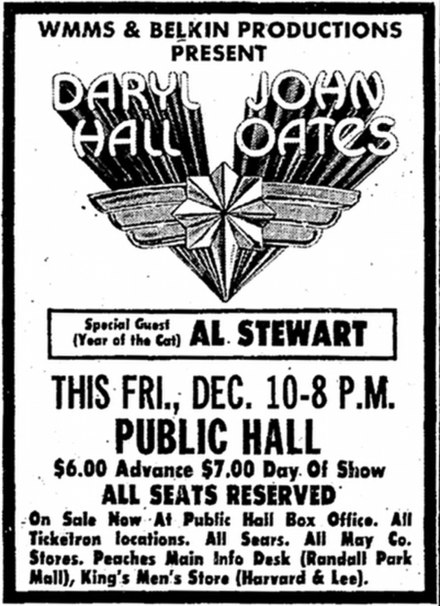 Print advertisement in The Plain Dealer for Hall & Oates performance at Cleveland Public Hall on December 10, 1976, sponsored by Belkin Productions an