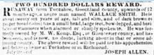 Ad for runaway Wallace Smith from Tuckahoe - Richmond Enquirer, Richmond, Virginia, November 23, 1852 Wallace Smith ad - Tuckahoe.png