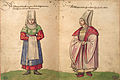 Бретонский (слева) и ирландский (справа) женские костюмы «Trachtenbuch» Кристофера Вайдитца (нем. Christopher Weiditz), 1530-е годы[9]. Оригинал рукописи хранится в Германском национальном музее (Нюрнберг)