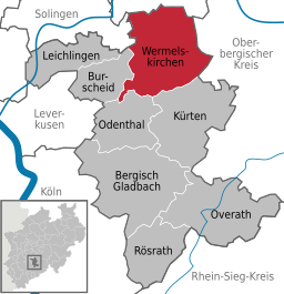 Läget för staden Wermelskirchen i Rheinisch-Bergischer Kreis