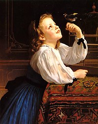 Girl wondering at a bird. Tete d'Etude l'Oiseau, by Bouguereau William-Adolphe Bouguereau (1825-1905) - Tete d'Etude l'Oiseau (1867).jpg