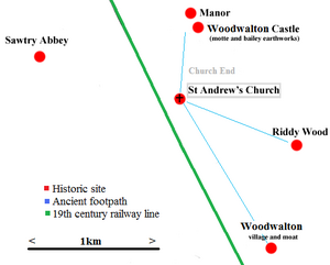 Sawtry Abbey in respect to the East Coast Main Line and the parish of Woodwalton. Wood Walton map.png