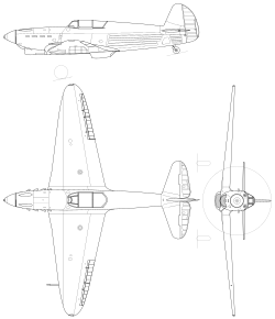 Yakovlev Yak-1 3-view line drawing.svg
