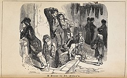 Street scene showing the poor of the rookery sitting at the edge of the road
