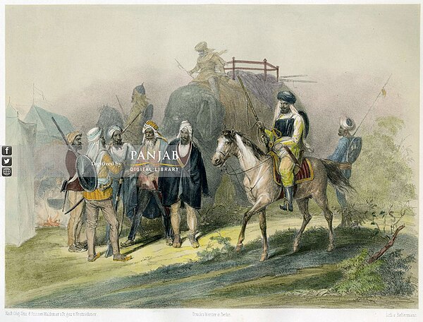 'Gruppe von Siekhs' (Group of Sikhs) in the English camp, near Kaffur as representative of the Lahore Durbar. Lithograph after an original sketch by P