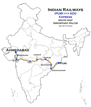 (Puri - Ahmedabad) Express Route map.png