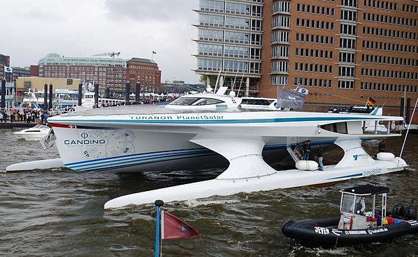 In 2012, the Swiss boat PlanetSolar became the first ever solar electric vehicle to circumnavigate the globe.