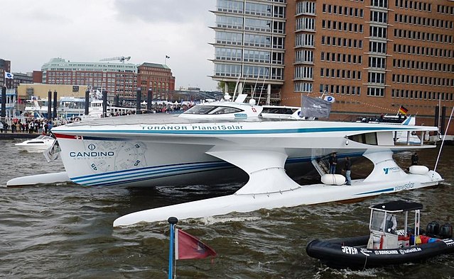 In 2012, the Swiss boat PlanetSolar became the first solar electric vehicle to circumnavigate the globe.