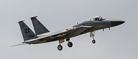 A US Air Force F-15C Eagle, tail number 81-0034, on final approach at Kadena Air Base in Okinawa, Japan. It is assigned to the 67th Fighter Squadron at Kadena AB.