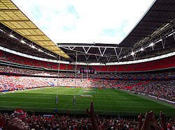 An overview of Wembley Stadium as Hull Kingston Rovers' Jez Litten scores the first try of the 2023 Challenge Cup Final.