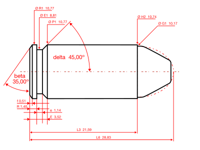 Dimensioni massime della cartuccia CIP 40 S&W[2] Tutte le dimensioni in millimetri (mm).