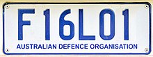 Australian Defence Organisation registration plate.The F prefix denotes Forklift ADO.F16L01A.jpg