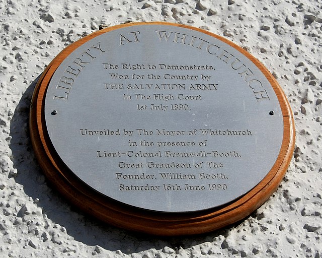 Plaque in The Square, commemorating liberty at Whitchurch won by The Salvation Army in 1890.