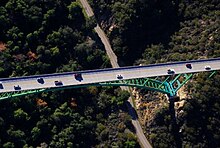 Aerial view: Western end of bridge. Cold Spring Tavern is on Stagecoach Rd. beneath the bridge, just off the top of this photo.