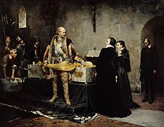 Charles IX of Sweden standing at the coffin of Klaus Fleming. Beside the coffin in Ebba Stenbock, Fleming's widow