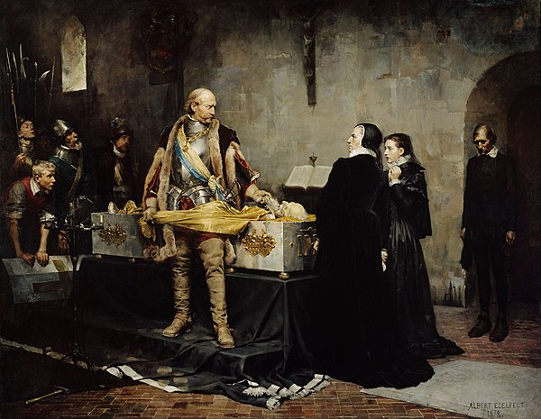 Duke Karl Insulting the Corpse of Klaus Fleming (Painting by Albert Edelfelt, 1878, Fleming's wife Ebba Stenbock on the right)