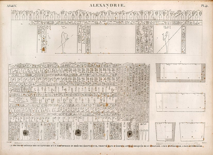 Pl.41 - 1-6. Coupes et détails des sculptures d'un sarcophage en brèche égyptienne, trouvé dans l'édifice appelée Mosque de St. Athanase 5. Face extérieure 6. Face intérieure