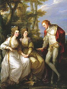 With her siblings, Henrietta and George, by Angelica Kauffman, c. 1774. The painting was painted just before Georgiana's marriage to the Duke of Devonshire. Angelica Kauffmann, Portrait of Lady Georgiana, Lady Henrietta Frances and George John Spencer, Viscount Althorp (1774).jpg