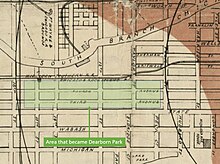 1871 map extract showing the burnt district (red) after the Chicago Fire with an overlay showing the land that is now modern-day Dearborn Park. North is to the right. Area-that-became-Dearborn-Park-Neighborhood-Chicago-IL.jpg