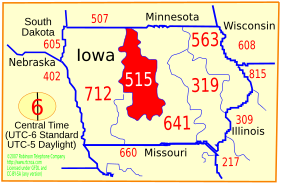 Numbering plan areas of Iowa with the red area indicating area code 515 Area code 515.svg