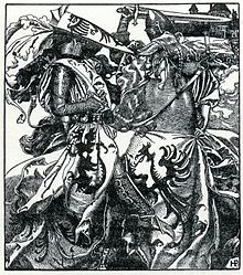 "Sir Kay breaketh his sword at ye Tournament" from The Story of King Arthur and His Knights by Howard Pyle (1903) Arthur-Pyle Sir Kay breaketh his sword at ye Tournament.JPG