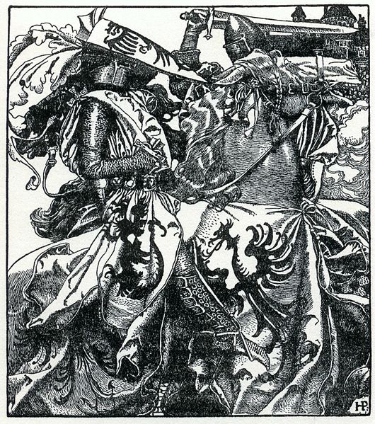 Sir Kay breaketh his sword at ye Tournament, one of Pyle's Arthurian illustrations