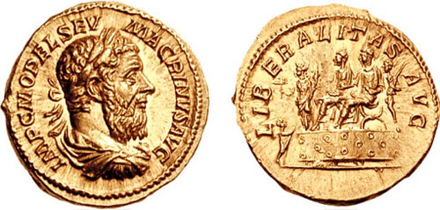 An aureus of Macrinus. Its elaborate symbolism celebrates the liberalitas ("prodigality") of Macrinus and his son Diadumenianus. Inscription: IMP. C. 