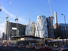 Battersea Power Station development in December 2020, with the tube station nearing completion Battersea Power station redevelopment Dec 2020.jpg