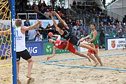 Deutsch: Beachhandball Europameisterschaften 2019 (Beach handball Euro); Tag 6: 7. Juli 2019 – Spiel um Platz Drei, Männer, Ungarn-Russland 2:0 (26:20, 23:22) English: Beach handball Euro; Day 6: 7 July 2019 – Men's Bronze Medal Match – Hungary-Russia 2:0 (26:20, 23:22)