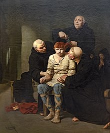 The Last of the Merovingians, a painting by Evariste-Vital Luminais, depicting the cutting of Childeric's hair. Beaux-Arts de Carcassonne - Le dernier des Merovingiens - Evariste-Vital Luminais -Joconde 04400000403.jpg