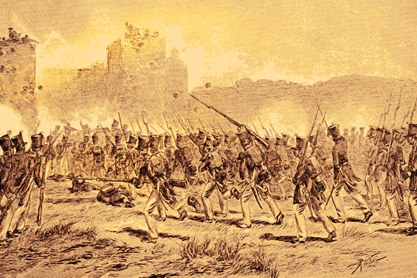 From top, left to right: Submission of Dipo Negoro to De Kock, Attack of the column Le Bron de Vexela on Diepo Negoro near Gawok, Charge of the Hussar