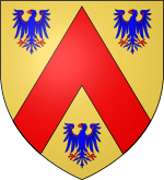 Blason de la commune de Mareuil sur lay dissais: D'or, au chevron de gueules, accompagné de trois aiglettes d'azur, becquées et membrées de gueules